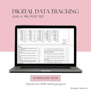 Puede incluir: Una computadora portátil muestra una prueba de seguimiento de datos digitales. La pantalla muestra una prueba previa/posterior con preguntas de opción múltiple y una sección para oraciones. El texto "DIGITAL DATA TRACKING LEVEL 4 PRE/POST TEST" está en la parte superior. También se ve un fondo rosa y un botón "DESCARGAR AHORA".