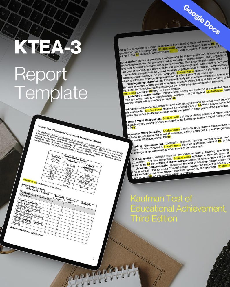 Ktea Booklets KTEA-3 Report Template: Editable on Google Docs - Etsy