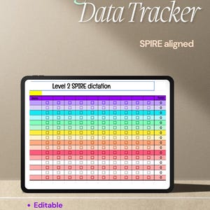 Può includere: Un tablet digitale che mostra un foglio di calcolo colorato per il monitoraggio dei dati intitolato Level 2 SPIRE dictation. Lo schermo mostra righe di caselle di controllo in vari colori con una colonna totale. Il testo recita Digital Dictation Data Tracker SPIRE aligned.