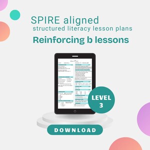 May include: A digital tablet displaying a lesson plan, with the text "SPIRE aligned structured literacy lesson plans Reinforcing b lessons." A green circle reads "LEVEL 3" and a green rectangle reads "DOWNLOAD."