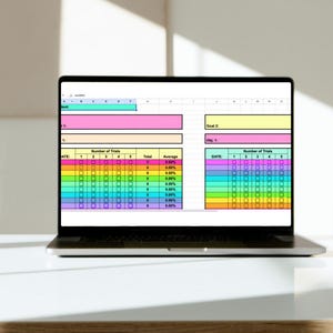 Könnte beinhalten: Ein schwarzer Laptop zeigt eine Tabelle mit farbigen Abschnitten und einer regenbogenfarbenen Tabelle. Die Tabelle enthält Spalten für 'Anzahl der Versuche' und 'Durchschnitt' mit Zeilen für die Dateneingabe. Der Laptop steht auf einer weißen Oberfläche.