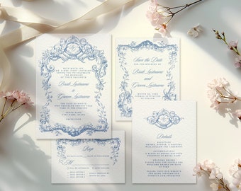 May include: A set of wedding invitations with a blue and white floral design. The invitation includes the date, time, and location of the wedding. The RSVP card includes a space for guests to indicate their attendance and meal preference. The save the date card includes the date of the wedding and the bride and groom's names.