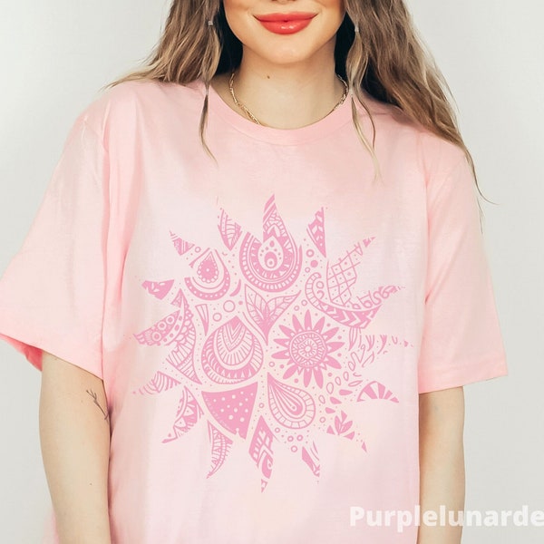 Boho Sun Tribal Womens TShirt, Aesthetic Monochromatic Pink Hippie Graphic Tee, Minimalist Trendy T-Shirt, Trendy Womens Shirts, Hippie Mom