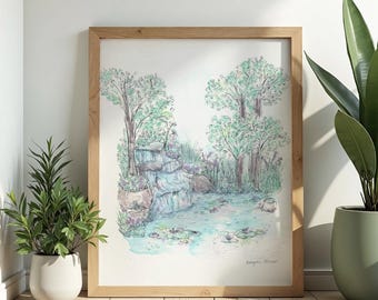 Watercolor Water Lilies Garden Art Print – Serene Landscape Poster
