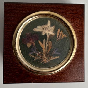 Peut inclure: Une boîte carrée en bois brun foncé avec un insert circulaire sur le couvercle supérieur. L'insert est encadré par un rebord en métal doré poli et contient une composition de fleurs séchées pressées dans des tons blanc, violet et jaune.