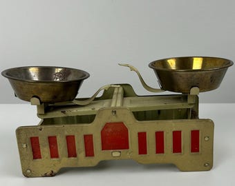 Vintage Toy Balance Scale 22x10cm | Tin with Brass Pans, German Balkenwaage Collectible