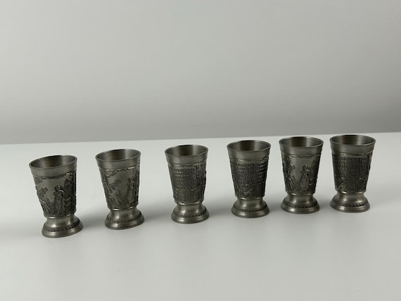Schnapsglässer Set vintage 6 Stück Zinn Frieling retro Schnapsglas Dekoration Wirtshaus Einrichtung Zinnglässer thrift Zinnbecher Zinnglas