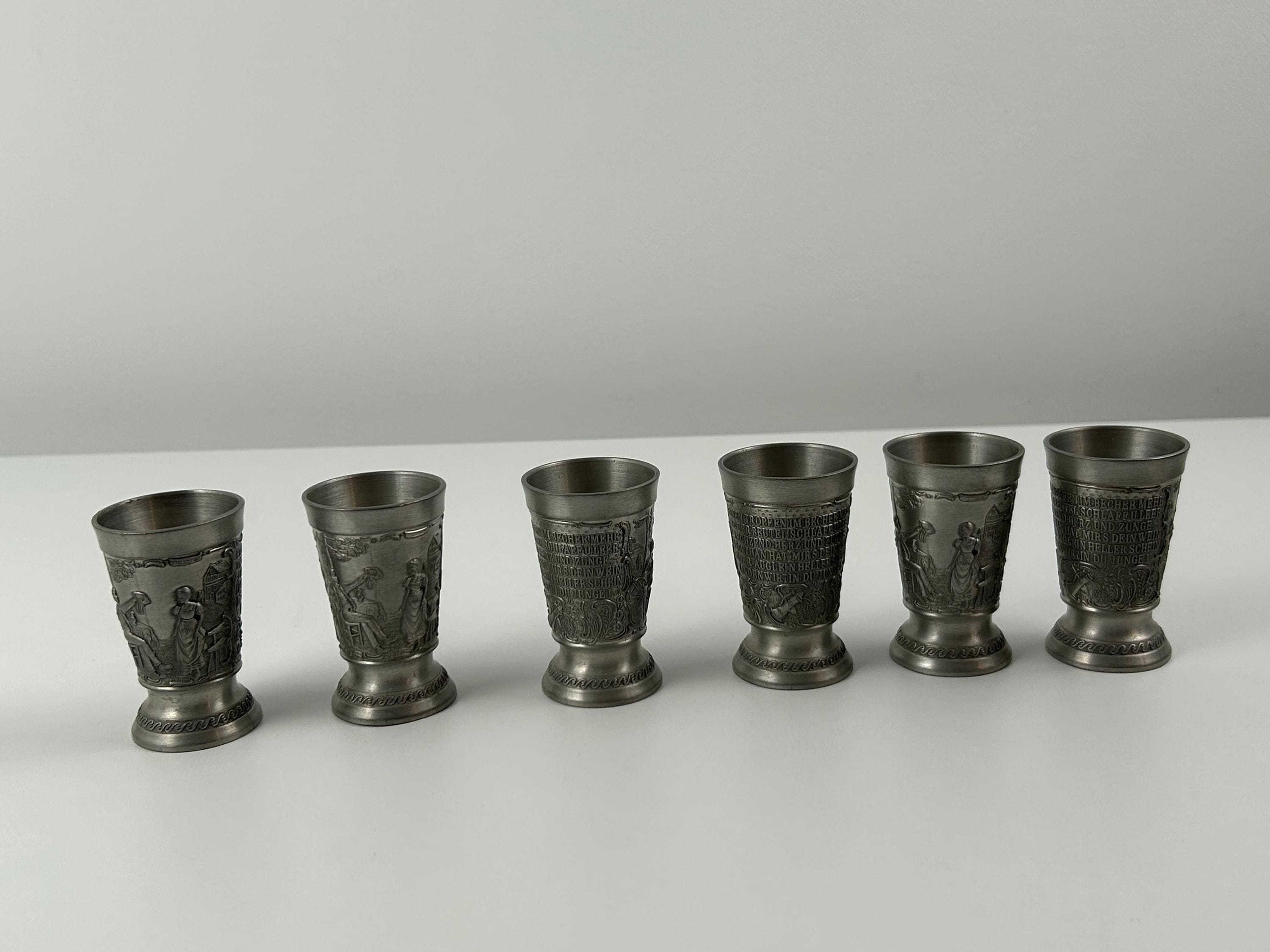 Schnapsglässer Set vintage 6 Stück Zinn Frieling retro Schnapsglas Dekoration Wirtshaus Einrichtung Zinnglässer thrift Zinnbecher Zinnglas