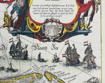 May include: An antique map of the Netherlands, featuring the islands of Texel, Vlieland, and Terschelling. The map is surrounded by a decorative border with a compass rose and a coat of arms. The map is printed in black and white with hand-colored details.