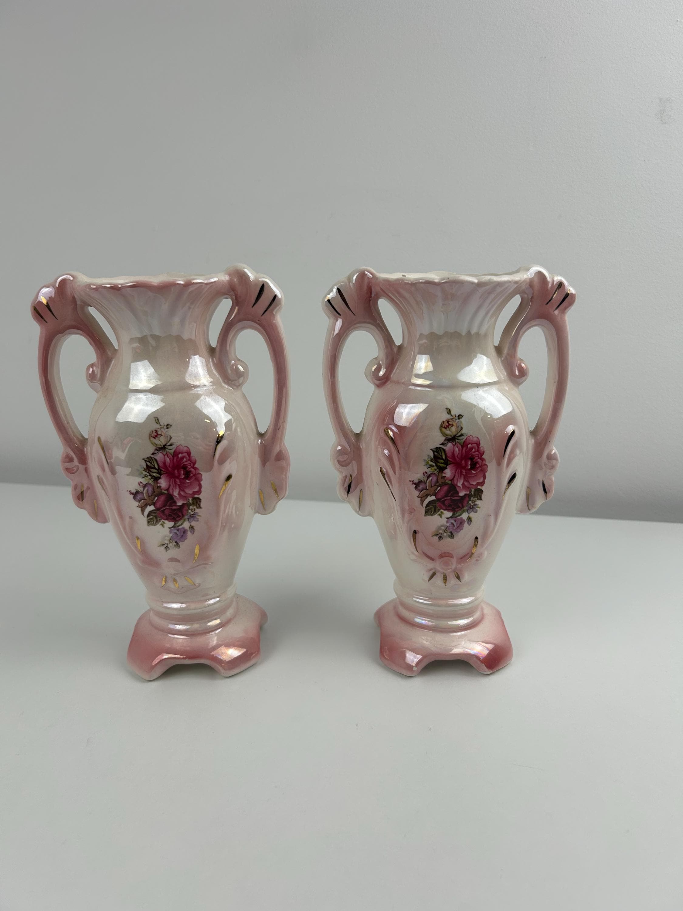 Set rosa vintage Vasen 2 Stück je 20cm/7.9in Keramikvase retro floral Blumenmuster