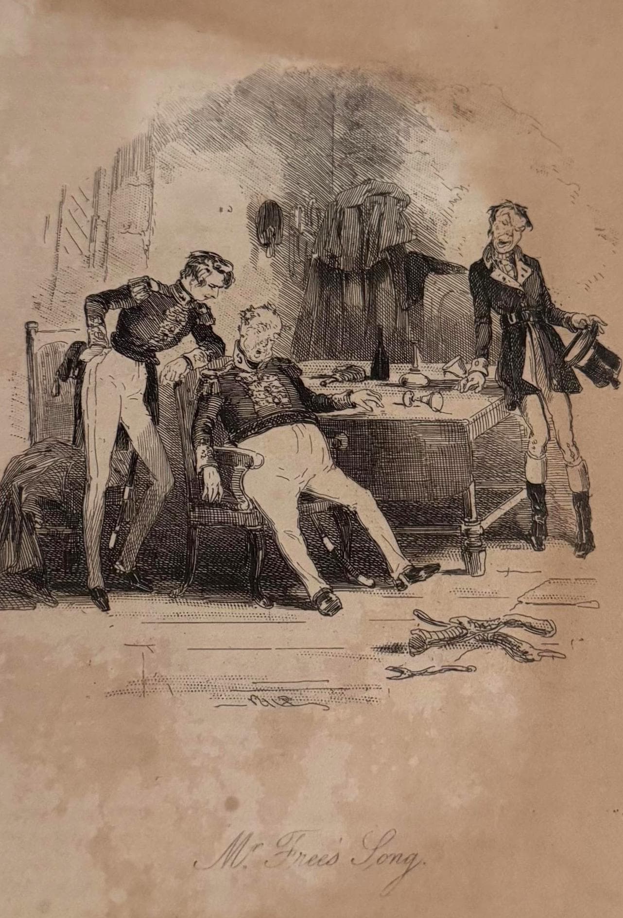 Illustration "Mr. Frees Song" von Hablot Knight Browne (Phiz) zu Charles Levers Roman Charles O’Malley, The Irish Dragoon (1841)
