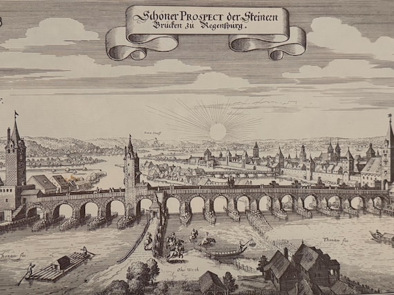 Stadtplan Regensburg Steinerne Brücke Antik 43x30cm