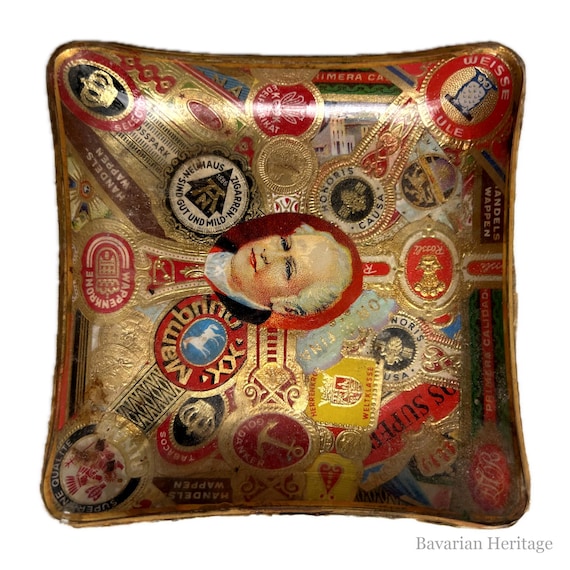 Vintage Glass Dish with Cigar Bands, Square, 10 × 10 cm