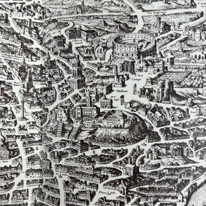 Puede incluir: Un mapa detallado en blanco y negro de Roma, Italia, con el Coliseo y otros puntos de referencia etiquetados. El mapa está dibujado en un estilo vintage y muestra el diseño de la ciudad y sus calles.