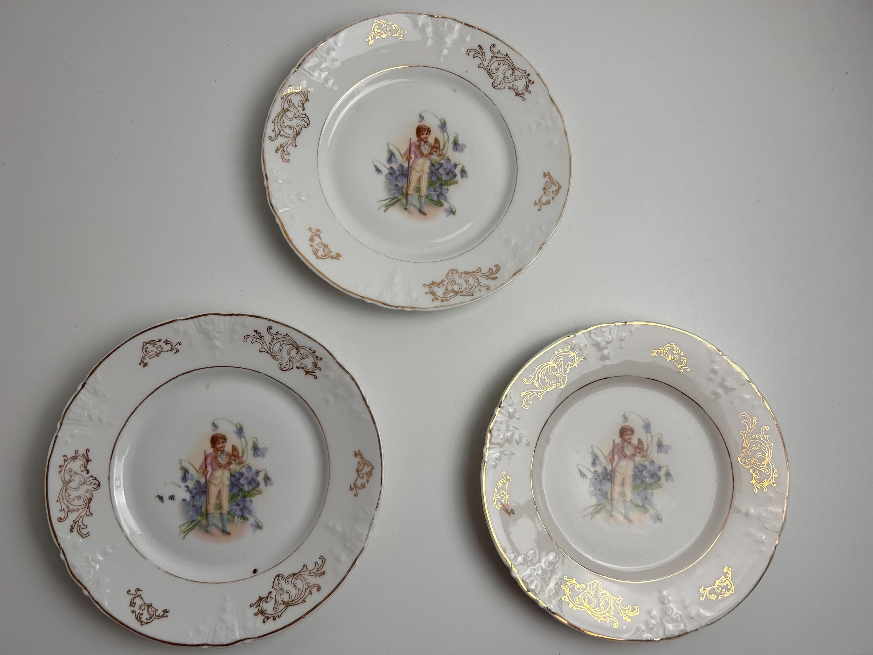 Vintage Tellerset 3 Stück Junge antiker Teller Goldrand alt Blumenmuster 20 cm/7,8 in