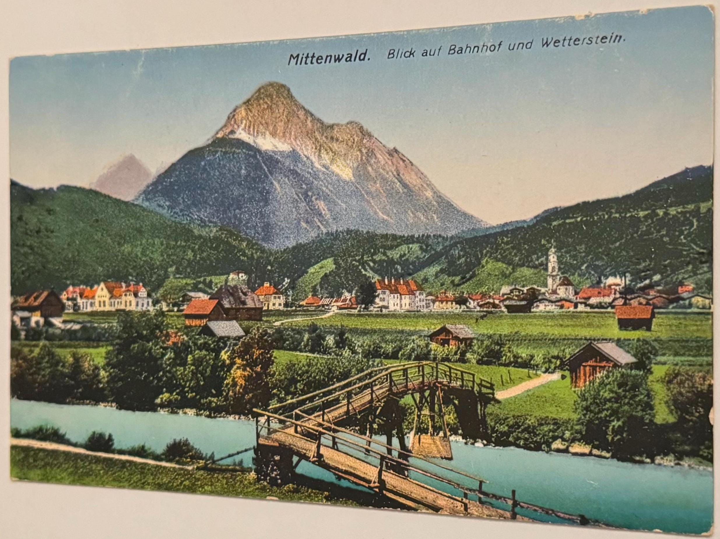 Antike Postkarte Mittenwald Bahnhof & Wettersteingebirge Postkarte vintage Lithografie Bildpostkarte Litho Briefkarte Korrespondenzkarte