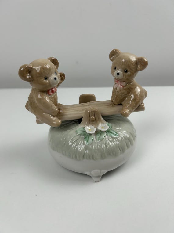 Porzellan Teddybär Wippe Spieluhr Vintage