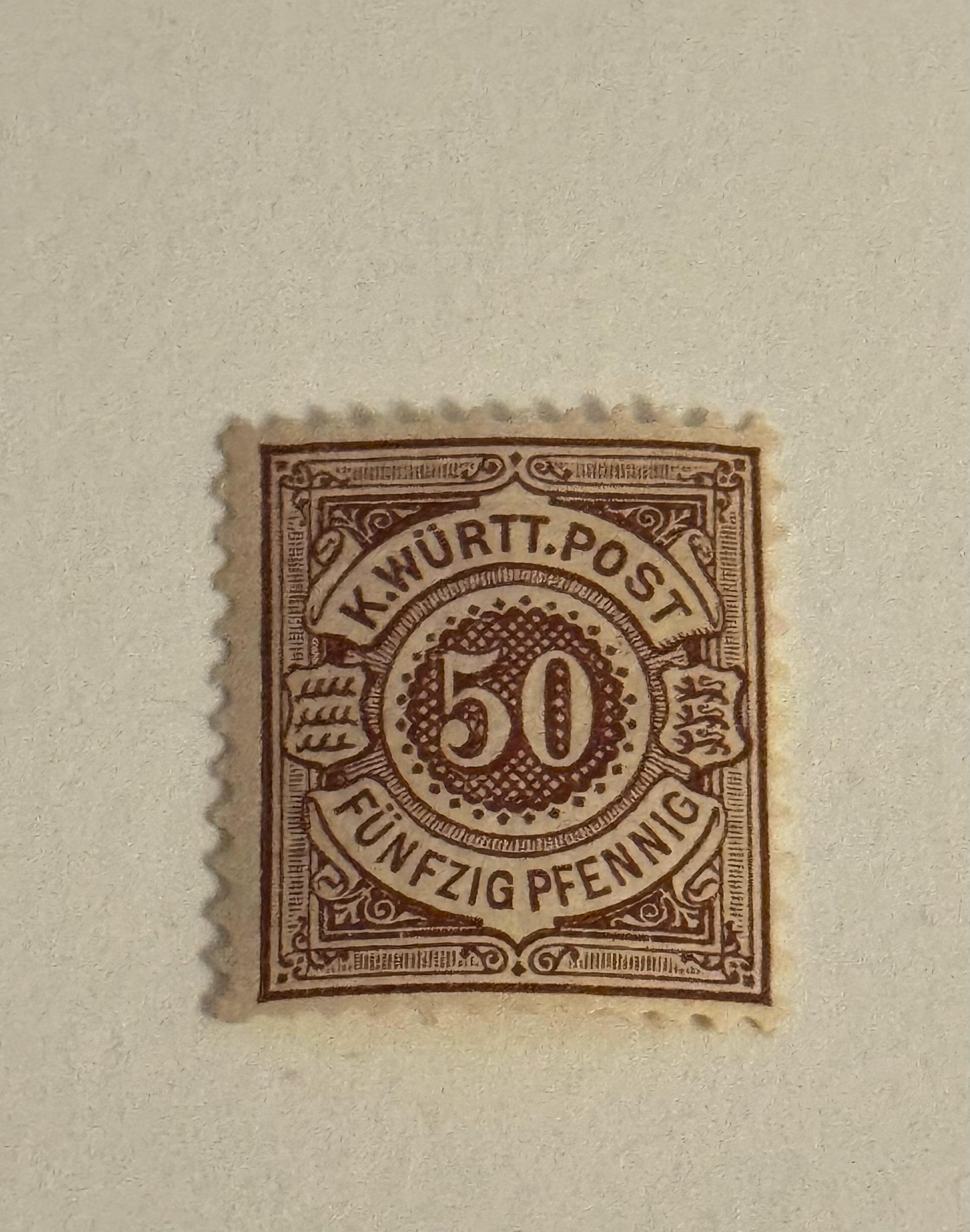 Antike Briefmarke 50 Pfennig K. Württ. Post – Königreich Württemberg Freimarke Briefmarkensammlung Philatelie Altdeutschland