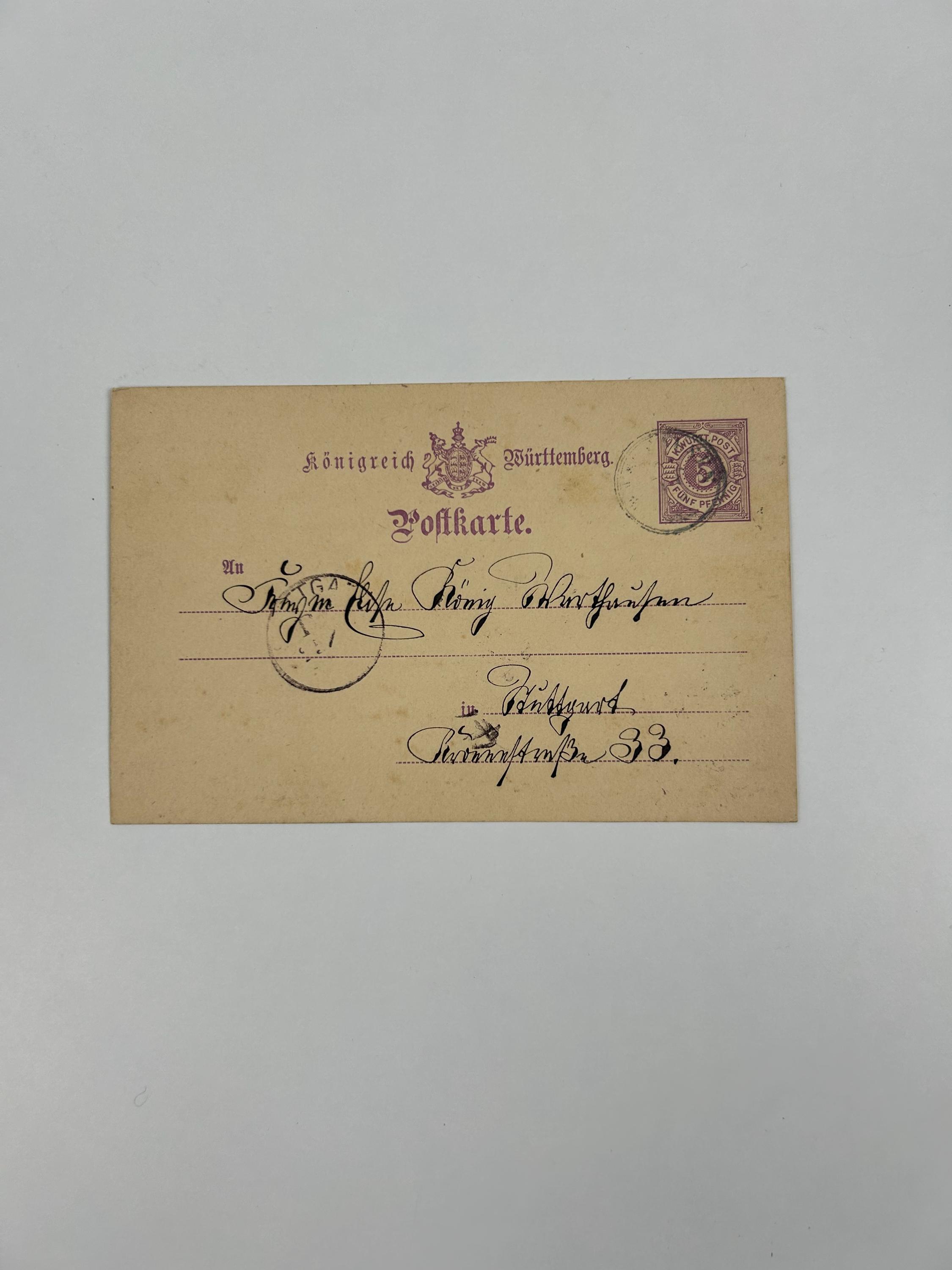 Postkarte Kaiserzeit um 1900 Königreich Württemberg Briefmarken antike Post Briefsammlung sammlungswürdige Altpost Briefesammler Kaisertum