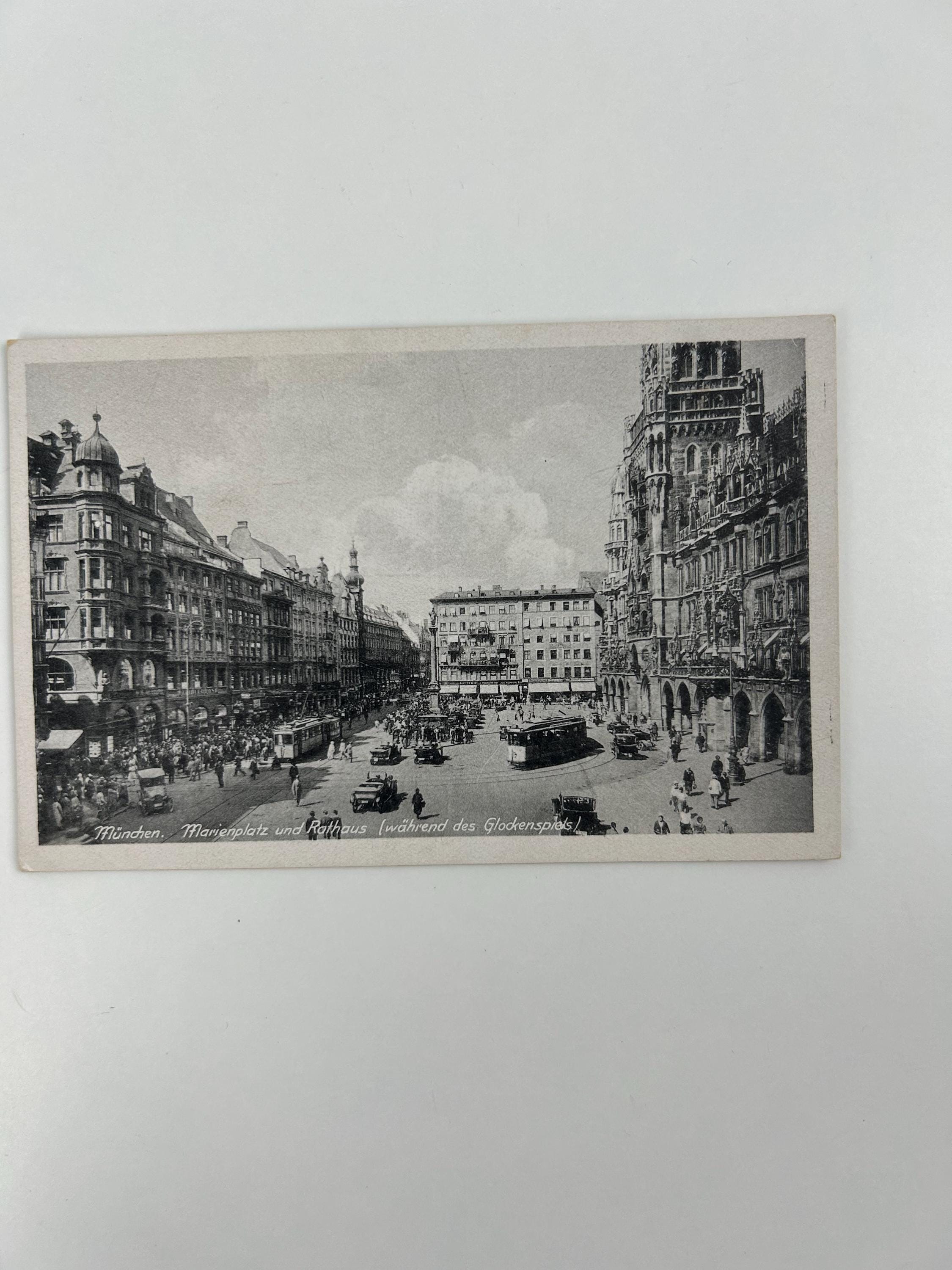 Ansichtskarte Stadtansicht München Rathaus und Marienplatz Postkarte vintage Lithografie Bildpostkarte Litho Briefkarte Korrespondenzkarte