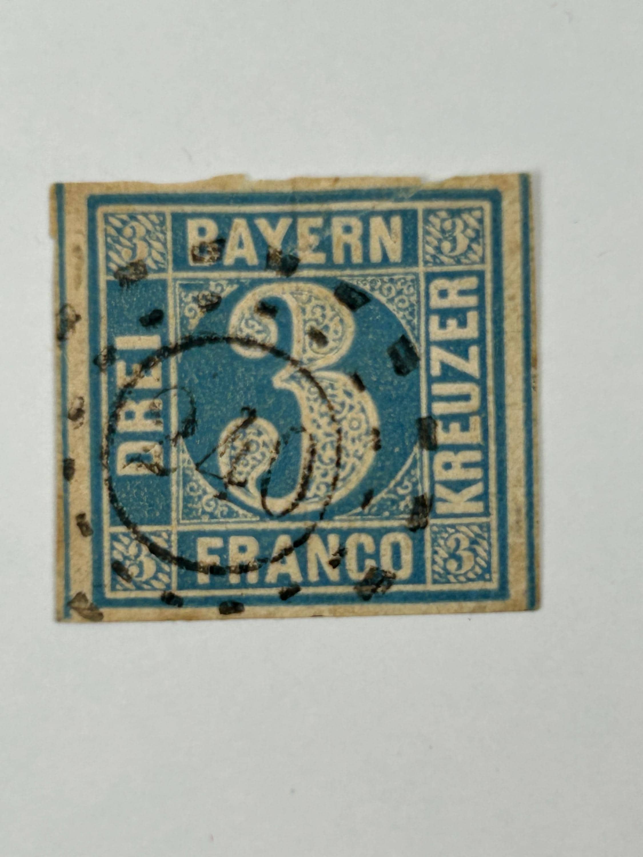 Briefmarke 3 Kreuzer Bayern 1849 gestempelt Postwertzeichen Porto Stempel Freimarke Briefmarkensammlung Philatelie Altdeutschland Bayern