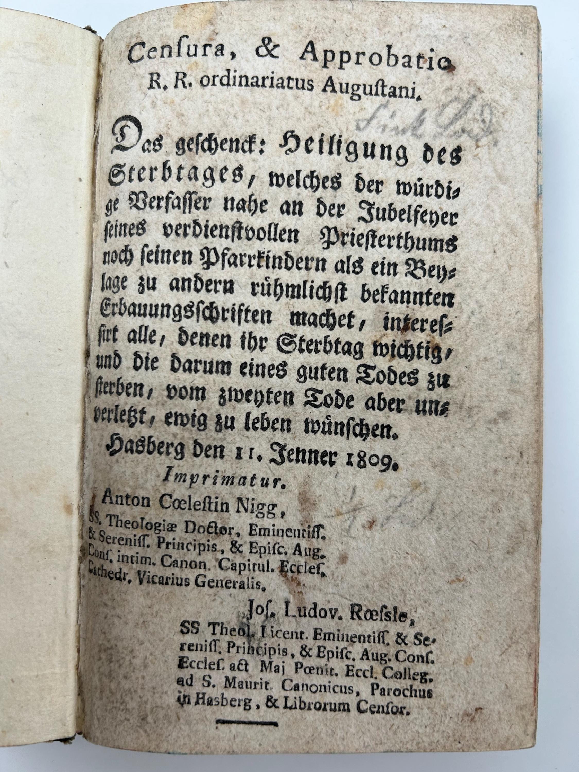 Antikes Buch "Das Geschenk: Heiligung des Sterbtages" ca. 1809 Haßberg Sammler religiöser Schriften historische Frömmigkeitsliteratur alt