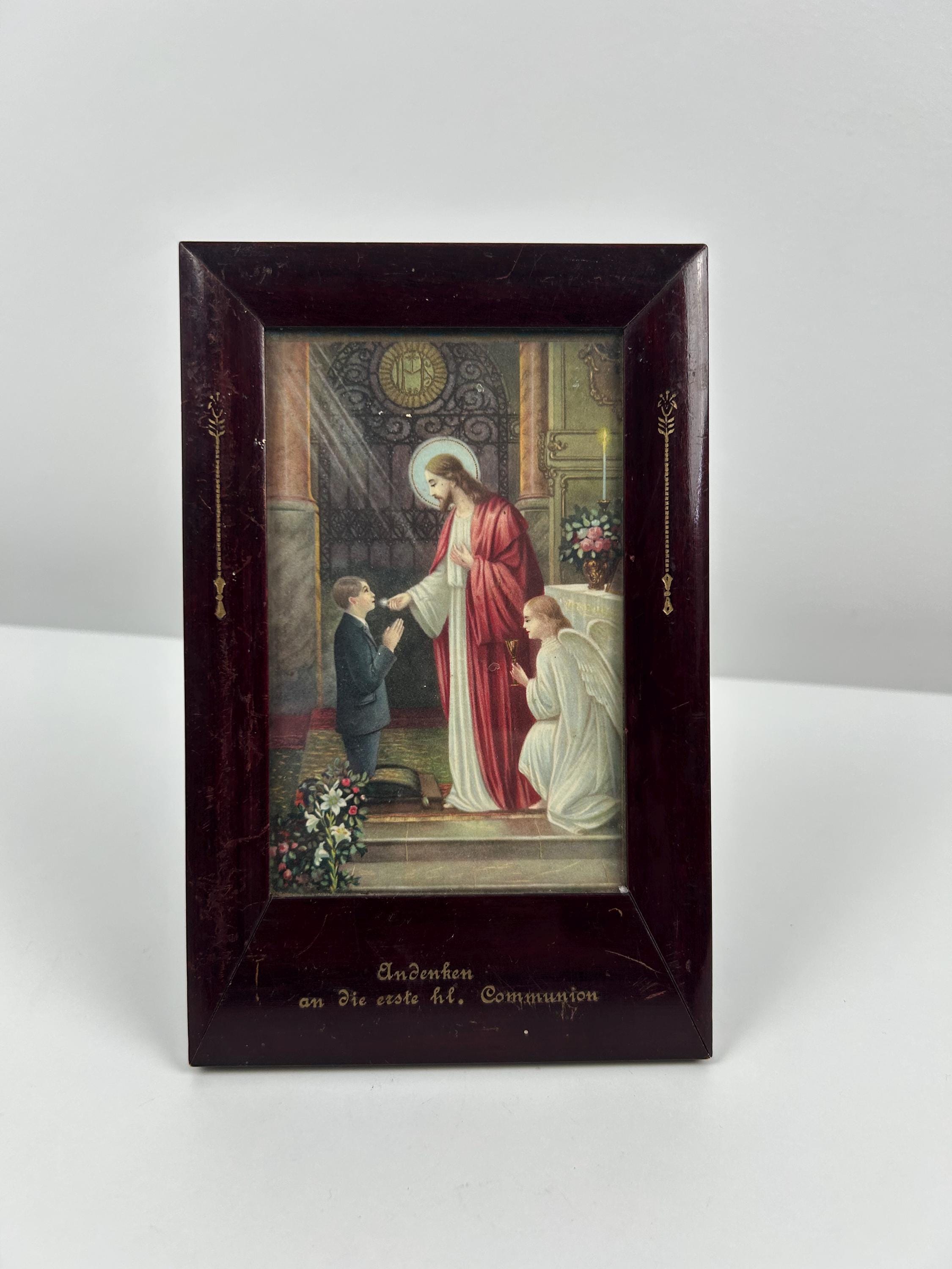 Vintage Andachts- und Erinnerungsbild Jesus Kommunion alt Andenken heilige Kommunion wunderschöner Rahmen vintage