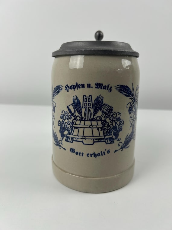Alter Bierkrug Hopfen und Malz Zinndeckel Vintage