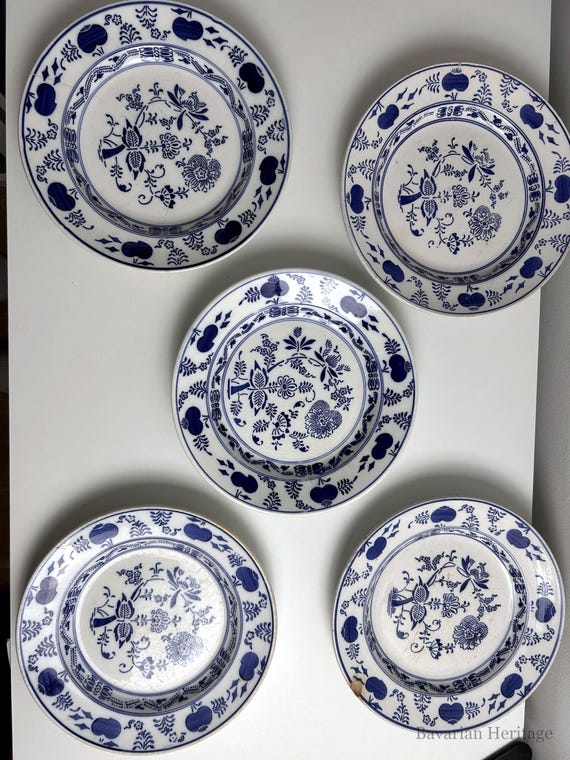 Set di 5 piatti motivo cipolla, bianco e blu, 23 cm