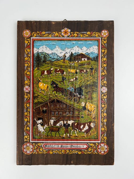 Berner Oberland 'Alpfahrt' Holztafel Druck Vintage
