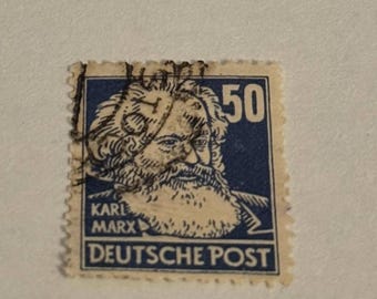 Francobollo vintage della Germania dell'Est del 1953 - Karl Marx, con timbro postale, collezione di francobolli antichi, filatelia, vecchi francobolli, collezionista di francobolli, collezionista