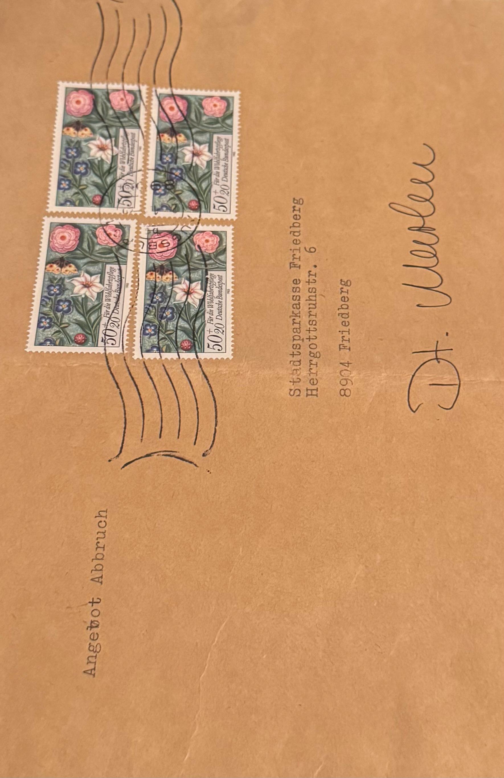 Vintage Firmen-Brief Augsburg 1980er | Josef Röger oHG Abbrucharbeiten | Wohlfahrtsmarken Viererblock | Heimatgeschichte Schwaben