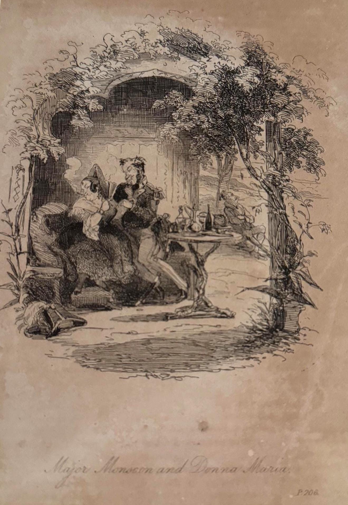 Illustration "Major Monsoon and Donna Maria" von Hablot Knight Browne (Phiz) zu Charles Levers Roman Charles O’Malley, Irish Dragoon (1841)