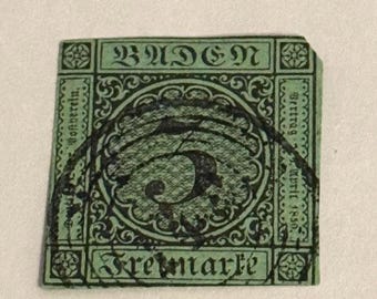 Sello de Baden de 3 kreuzer, 1860, matasellado. Colección de sellos antiguos, filatelia de los antiguos estados alemanes, coleccionista de sellos antiguos. Coleccionista.