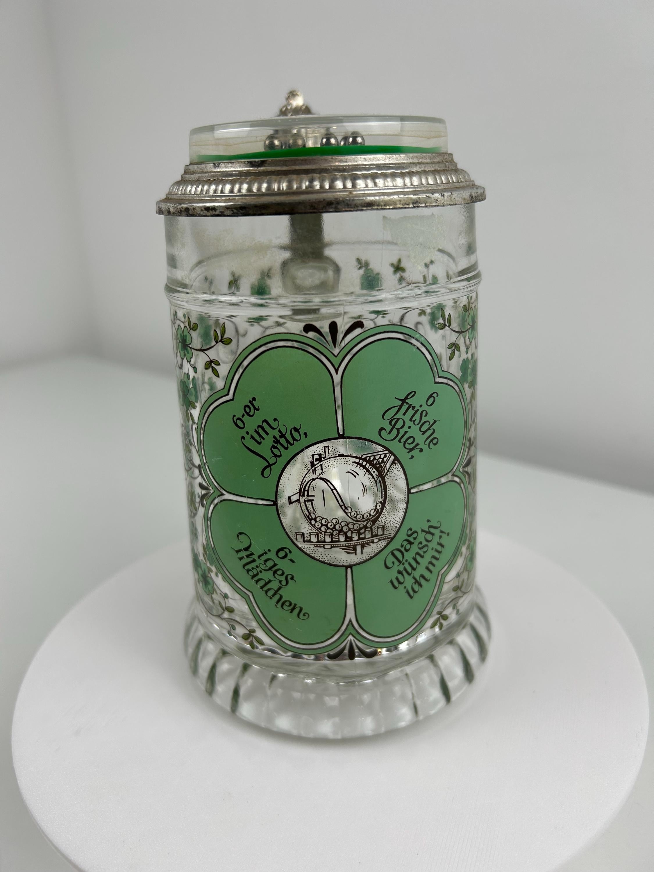 Vintage Bierkrug Lotto Zinndeckel Dekoration Kneipe Tradition Sammlung Sammlerobjekt Glück