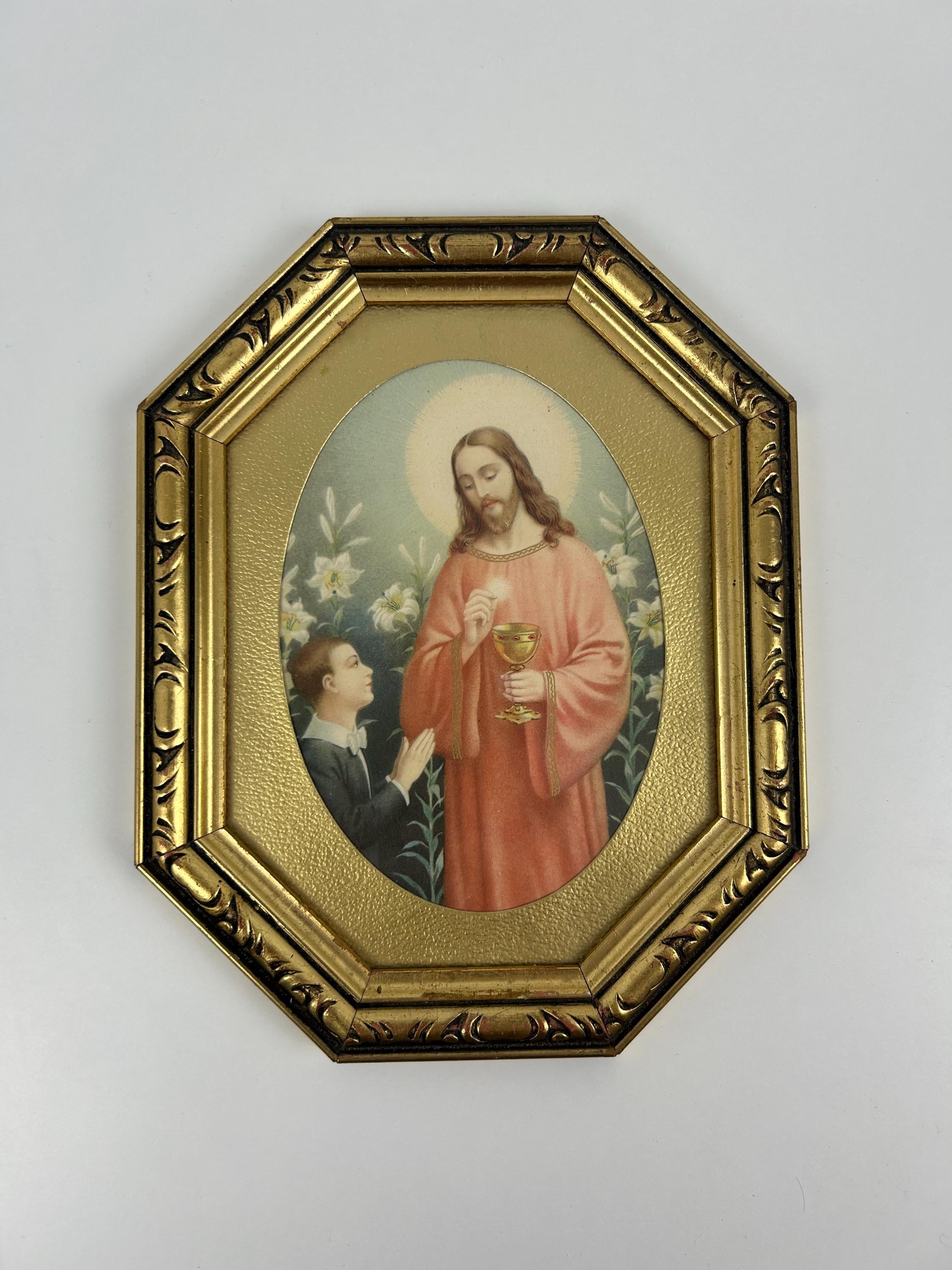 Vintage Andachts- und Erinnerungsbild Jesus goldfarben alt Kommunion religiös Dekoration wunderschöner Rahmen