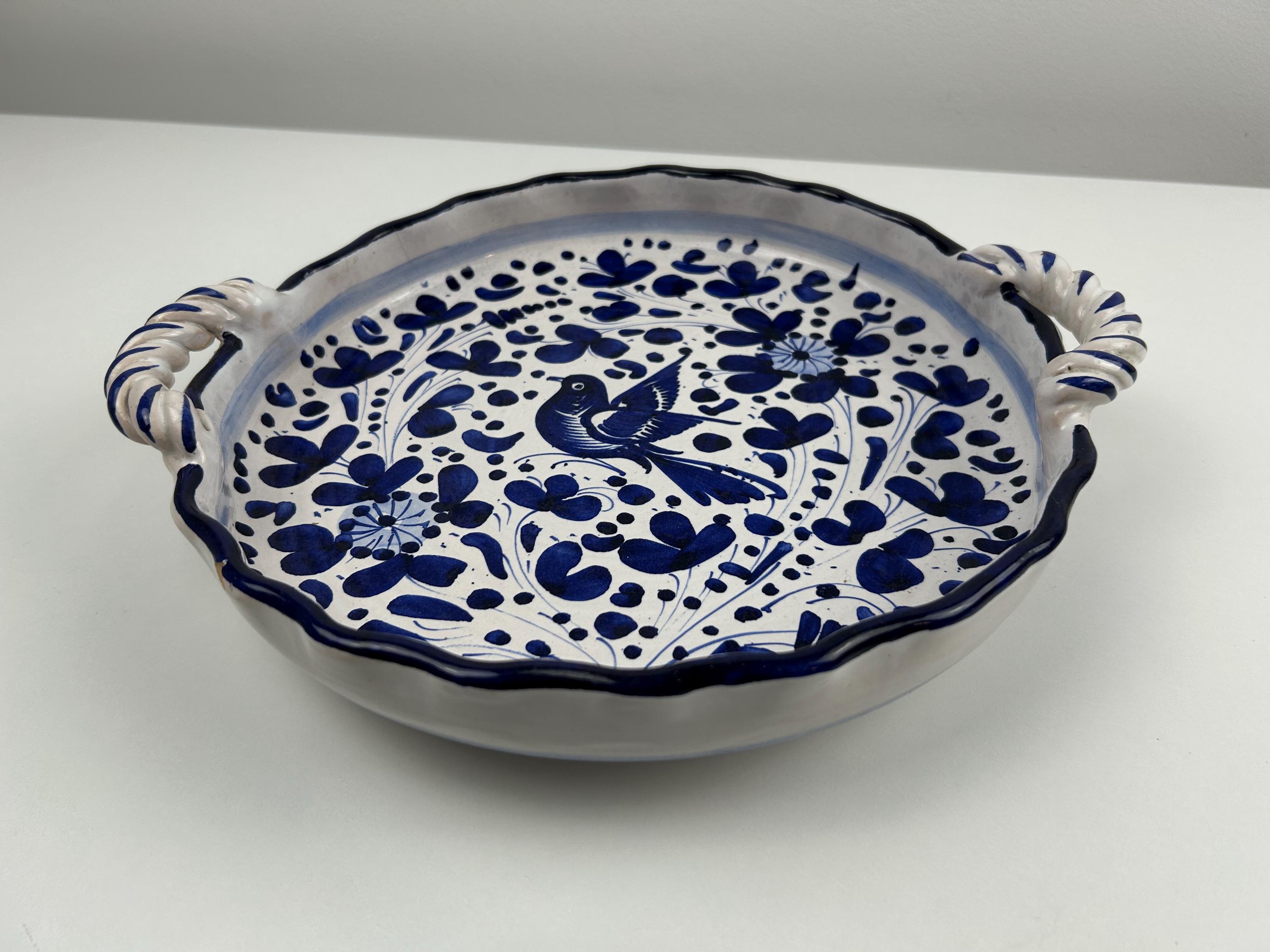 Tablet Keramik Schale blau weis Vogel Durchmesser 24cm 9,49in