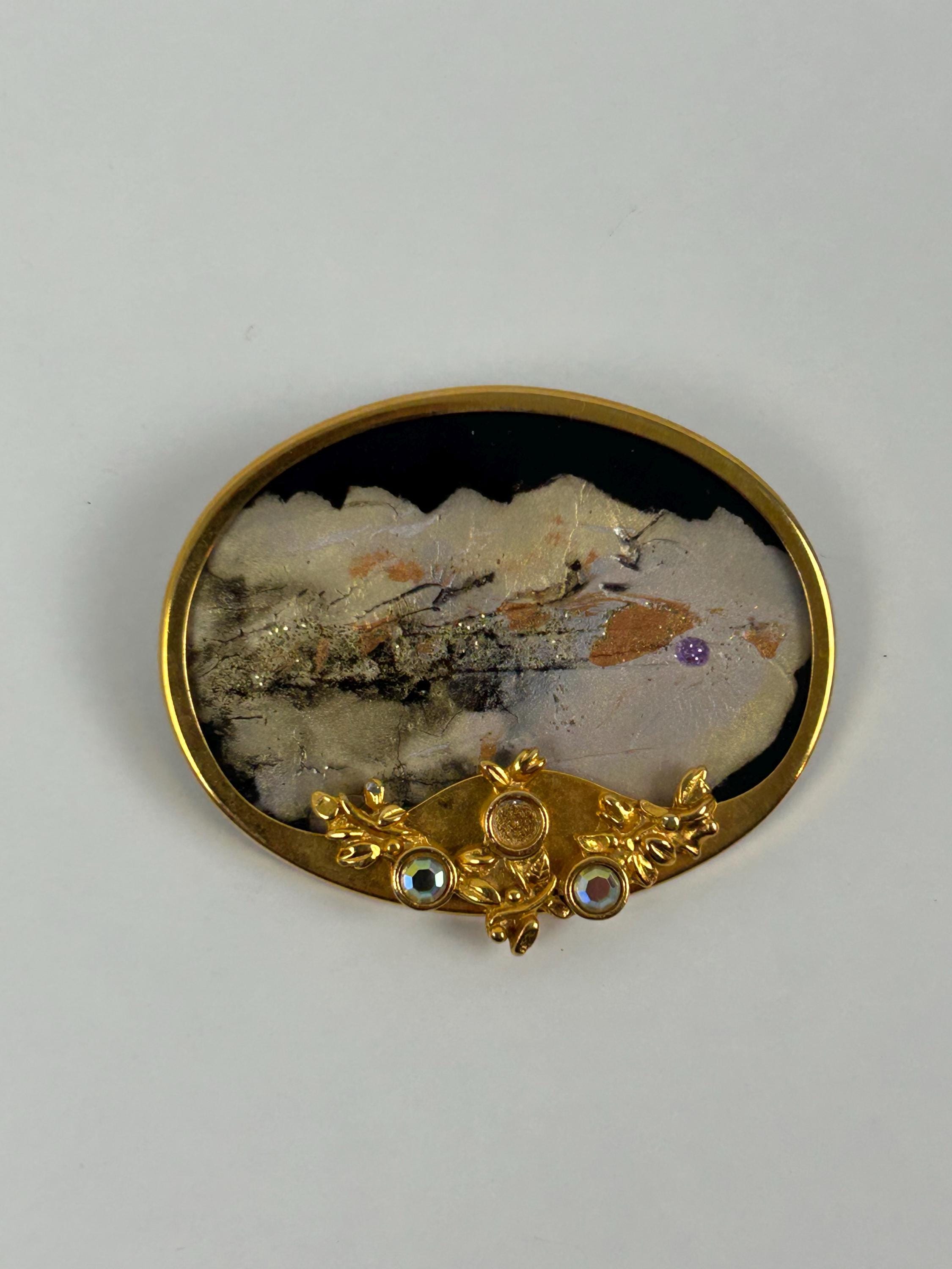 Vintage Brosche Uhlig goldrand Oma Schmuck nostalgisch Anstecker retro Anstecknadel thrift