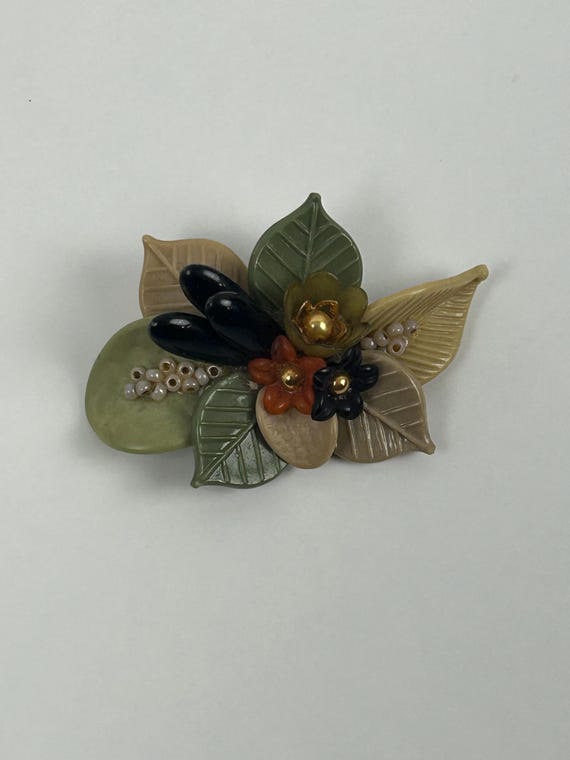 Vintage Erdfarbene Blumenbrosche 7x4cm