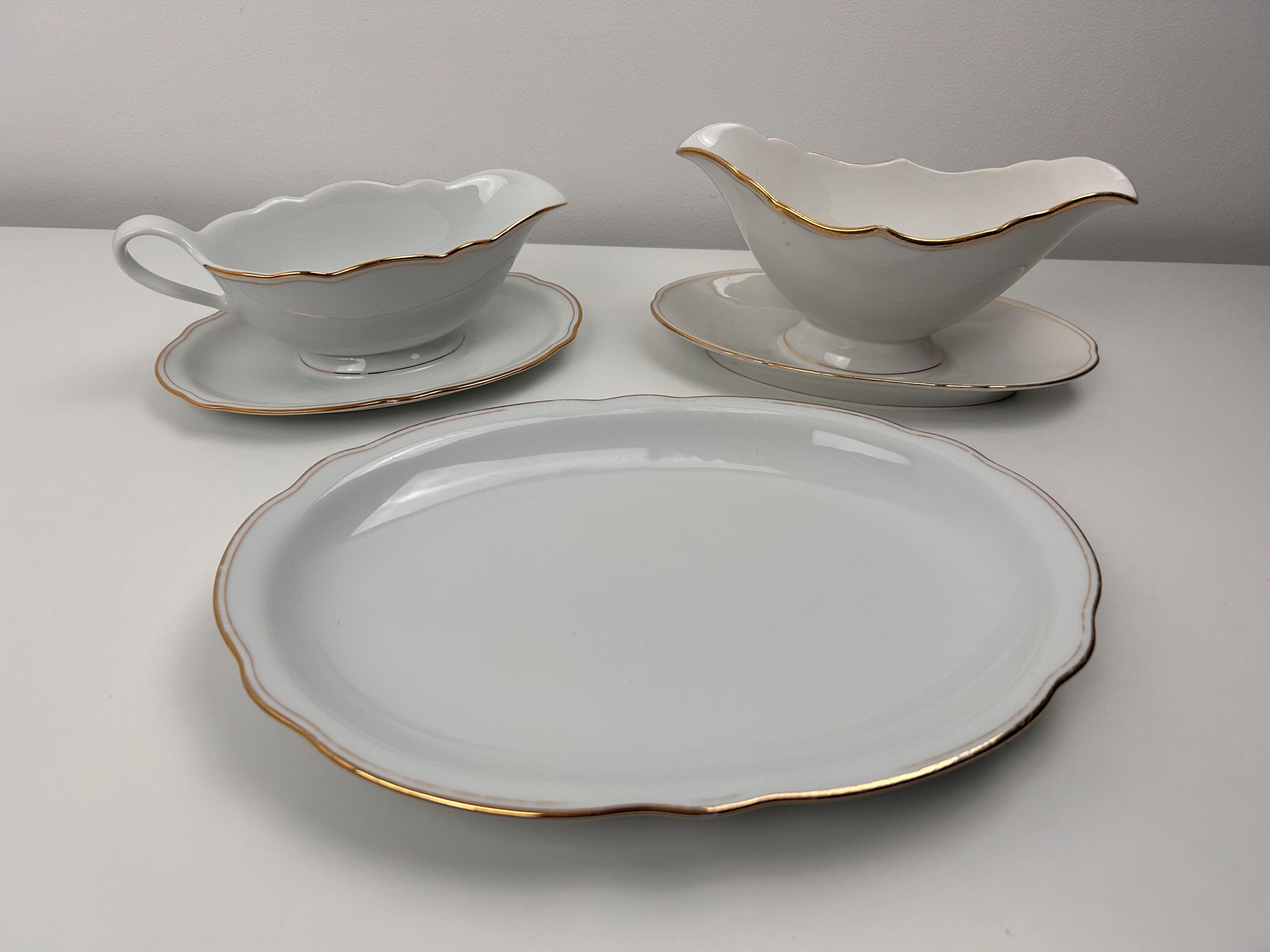 Vintage Set Vorlegeplatte Anrichteteller Saucier vintage weiß goldrand Schirnding
