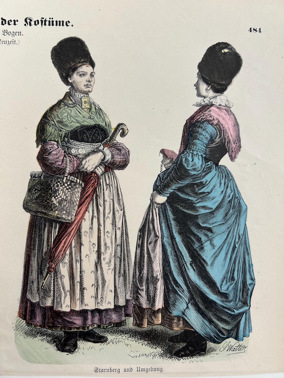 Lithografie Starnberger Trachten Weiblich Antik