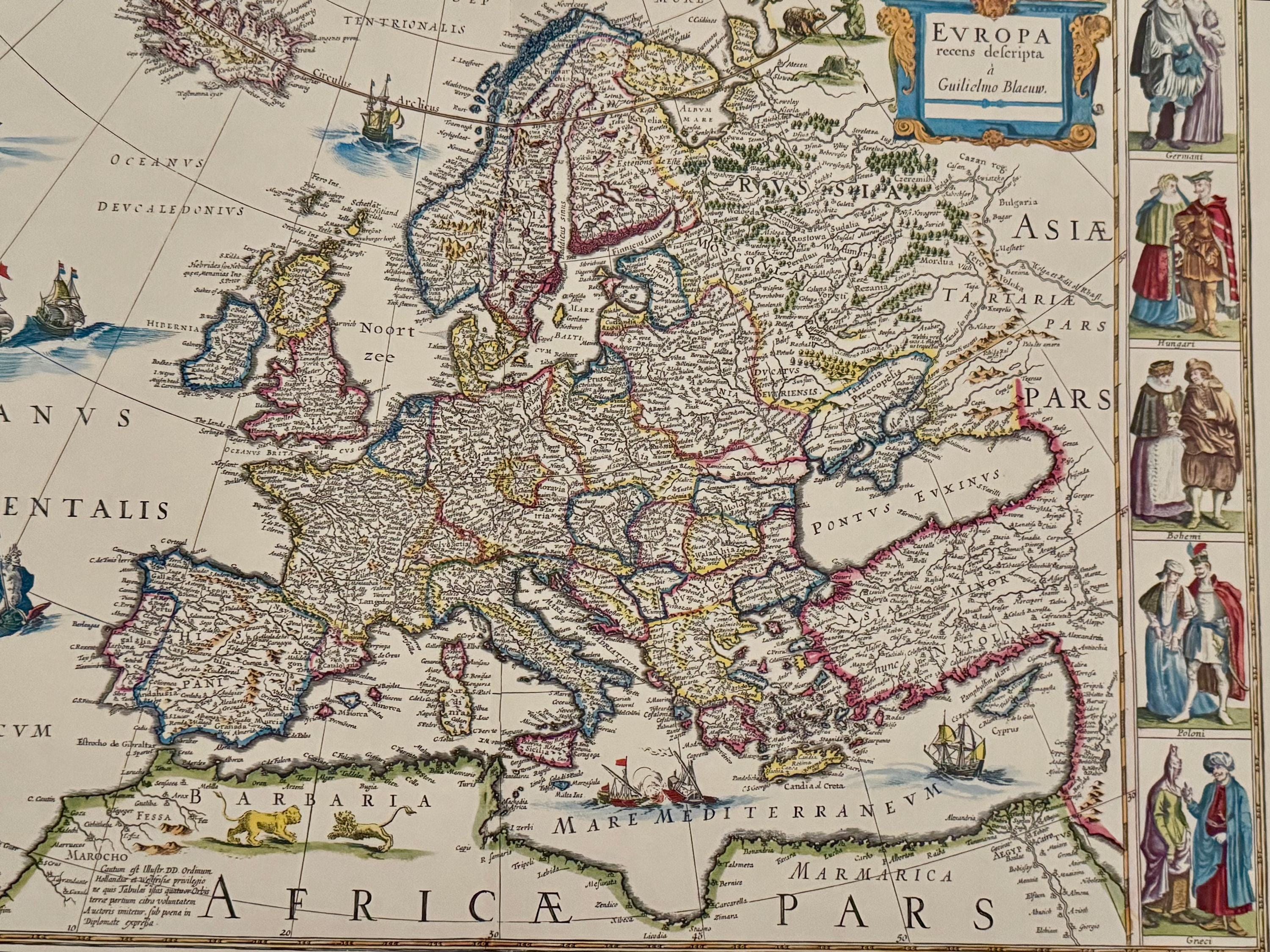 Antike Europakarte Willem Blaeu vintage Kunstdruck | Antike Landkarte Wanddeko Historisches Bild Wohnzimmer Dekoration Landkarte alt