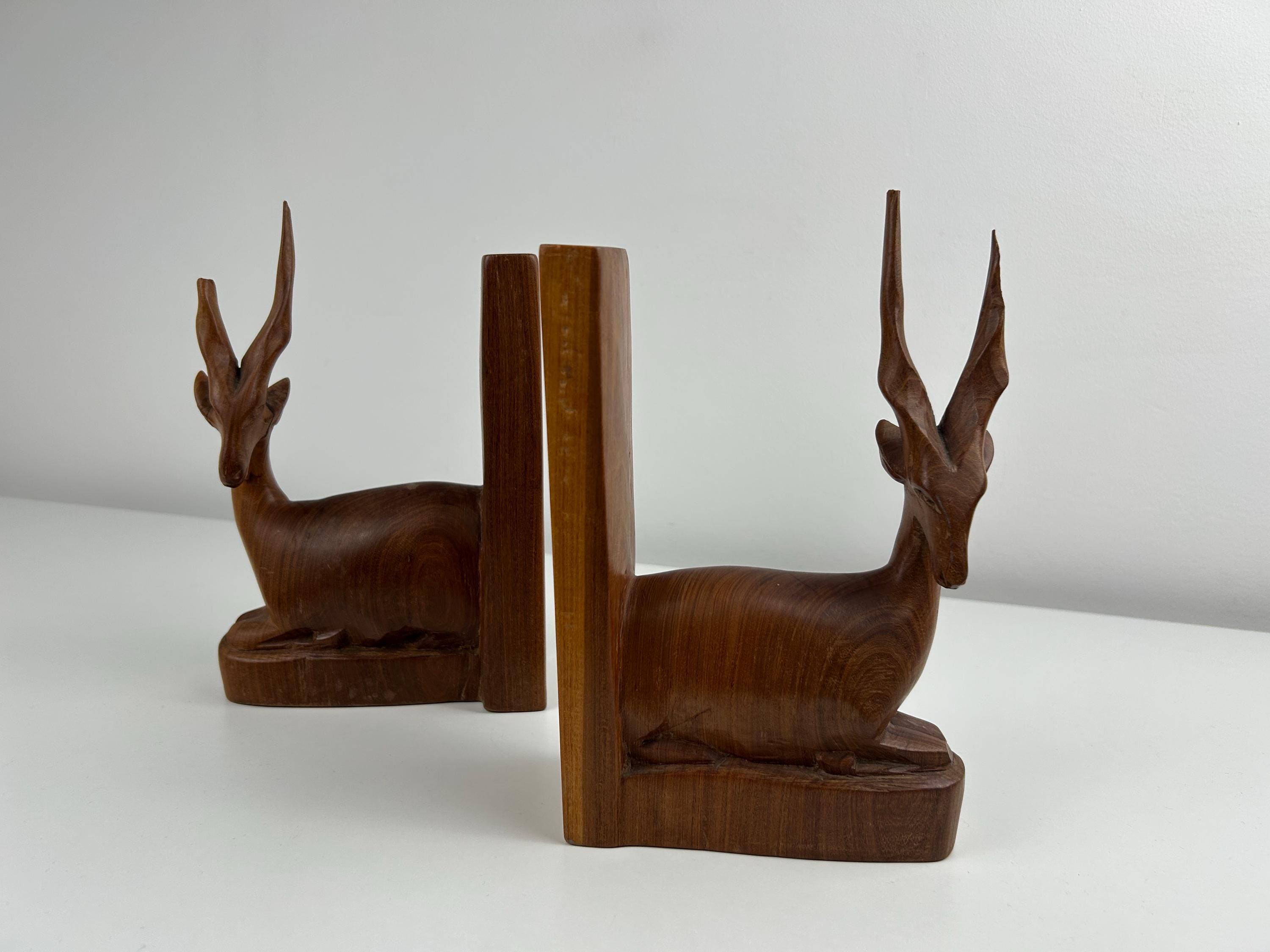 Buchstützen Antilope 2 Stück vintage geschnitzt Buchstütze alt handbemalt Dekoration Lesen Einrichtung Bücherei Bibliothek Geschenk Leser
