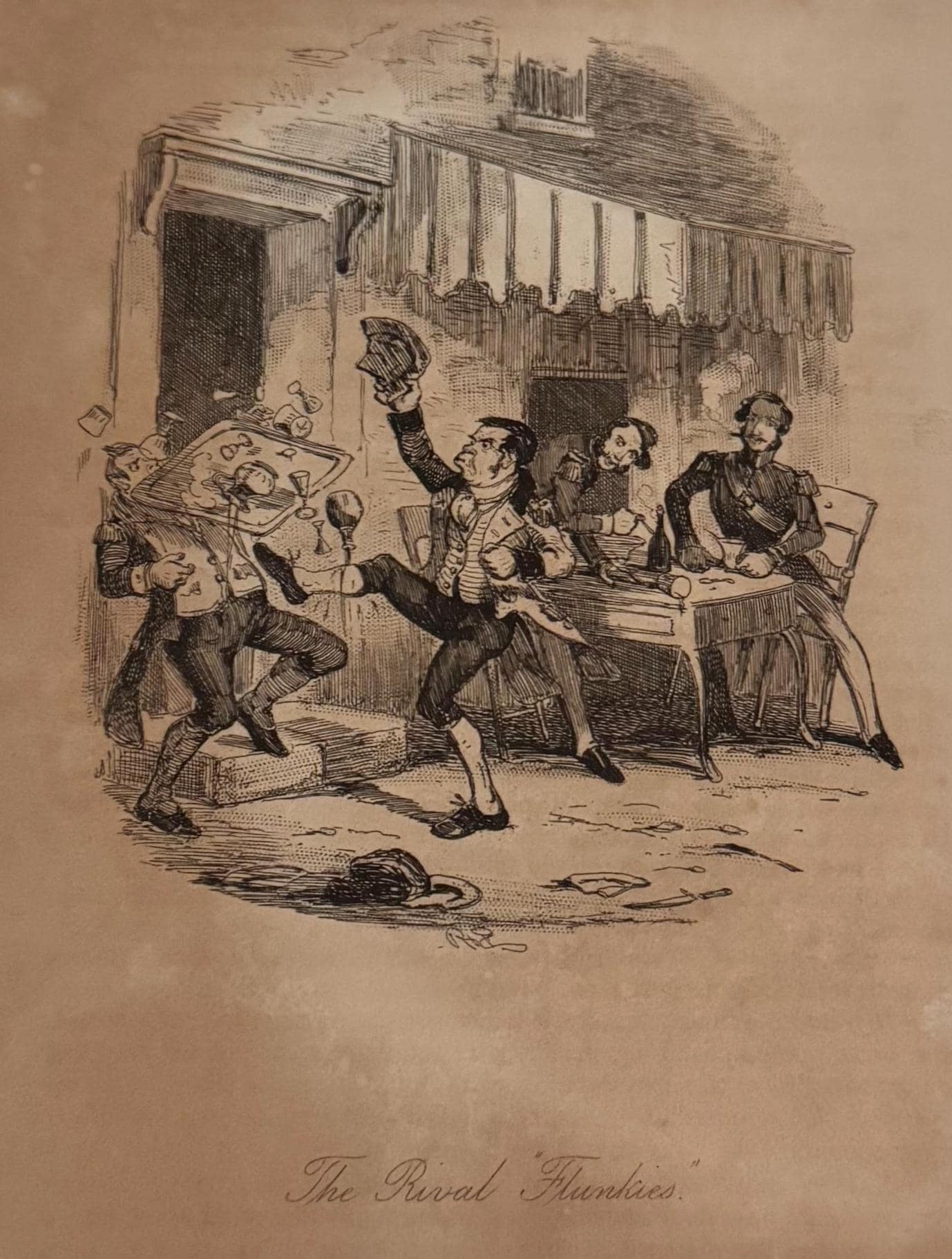 Illustration "The Rival Flunkies" von Hablot Knight Browne (Phiz) zu Charles Levers Roman Charles O’Malley, The Irish Dragoon (1841)