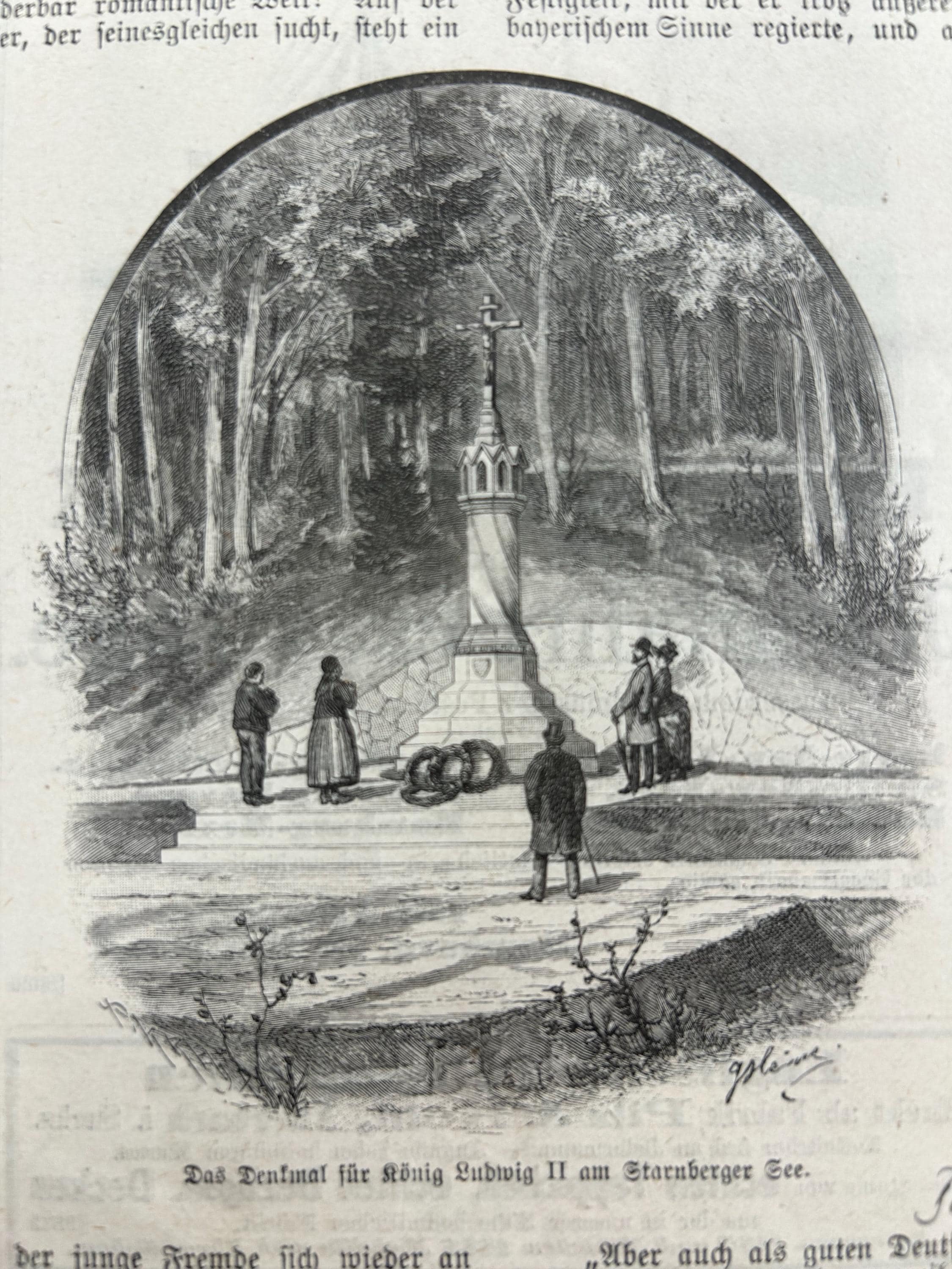 Lithografie Berg Starnberg König Ludwig 1889 traditionell Bild Bayern Tradition Gemälde Dekoration Einrichtung Wandbild Starnberger See