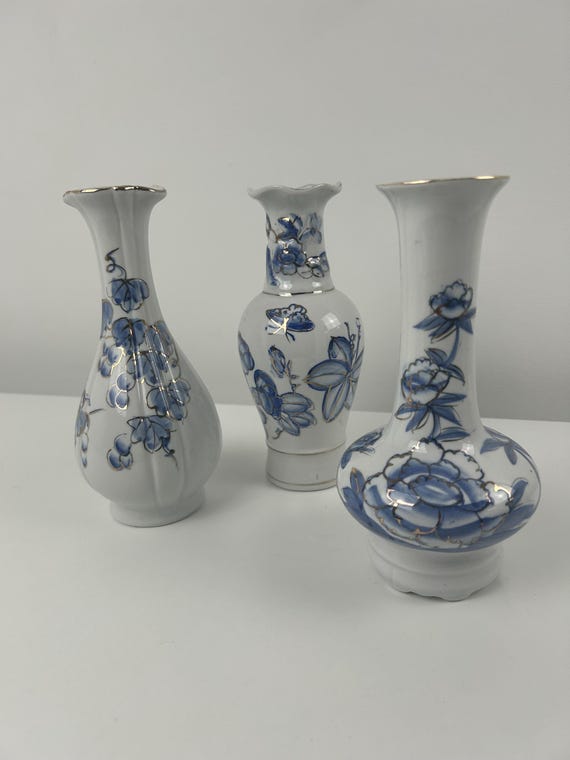 久谷陶泉窯陶印入り青と白の手描き陶器花瓶 九谷青