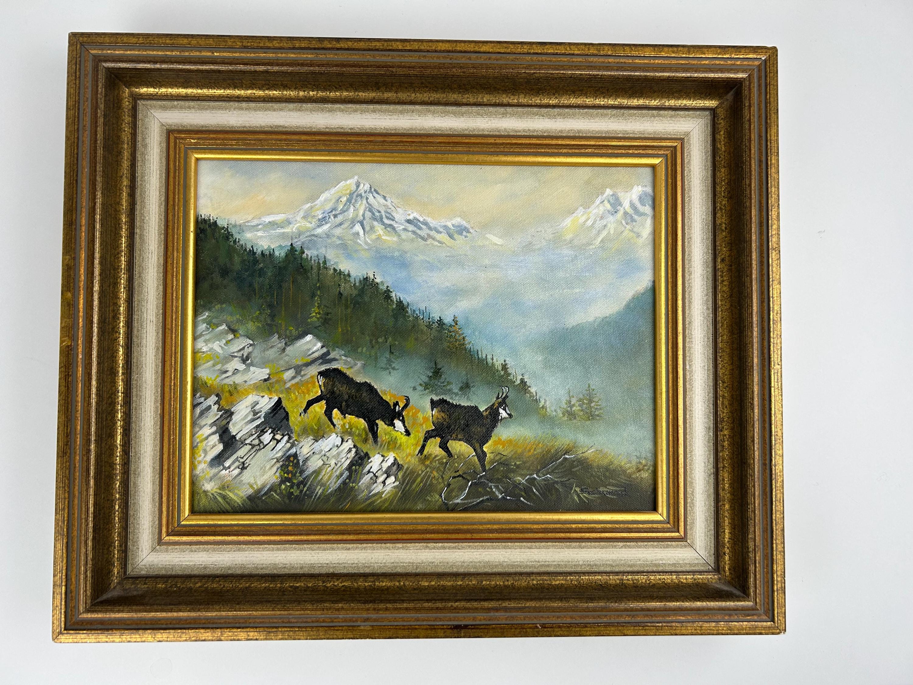 Älteres Landschaftsbild Gämse Alpen  vintage Bild Ölmalerei retro Dekoration Wandgemälde