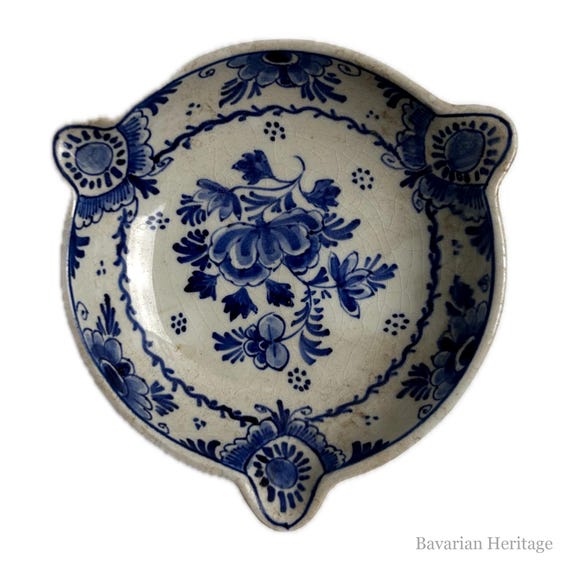 Small Delft Style Dish with Three Handles, Blue Painted, Marked Delft, 11 cm