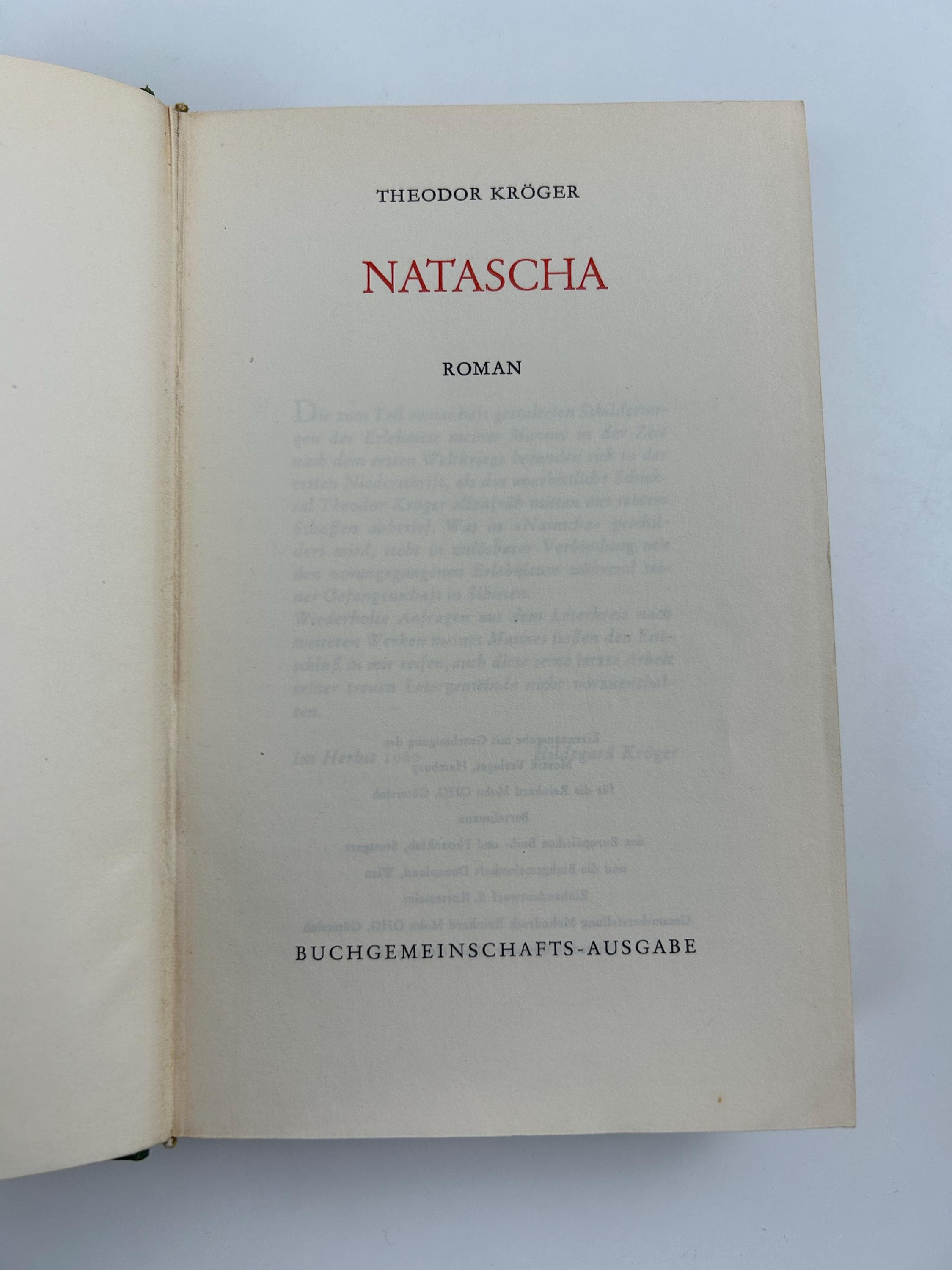 Buch Natascha Antiquariat Theodor Kröger vintage Buch antik Buchgemeinschaftsausgabe