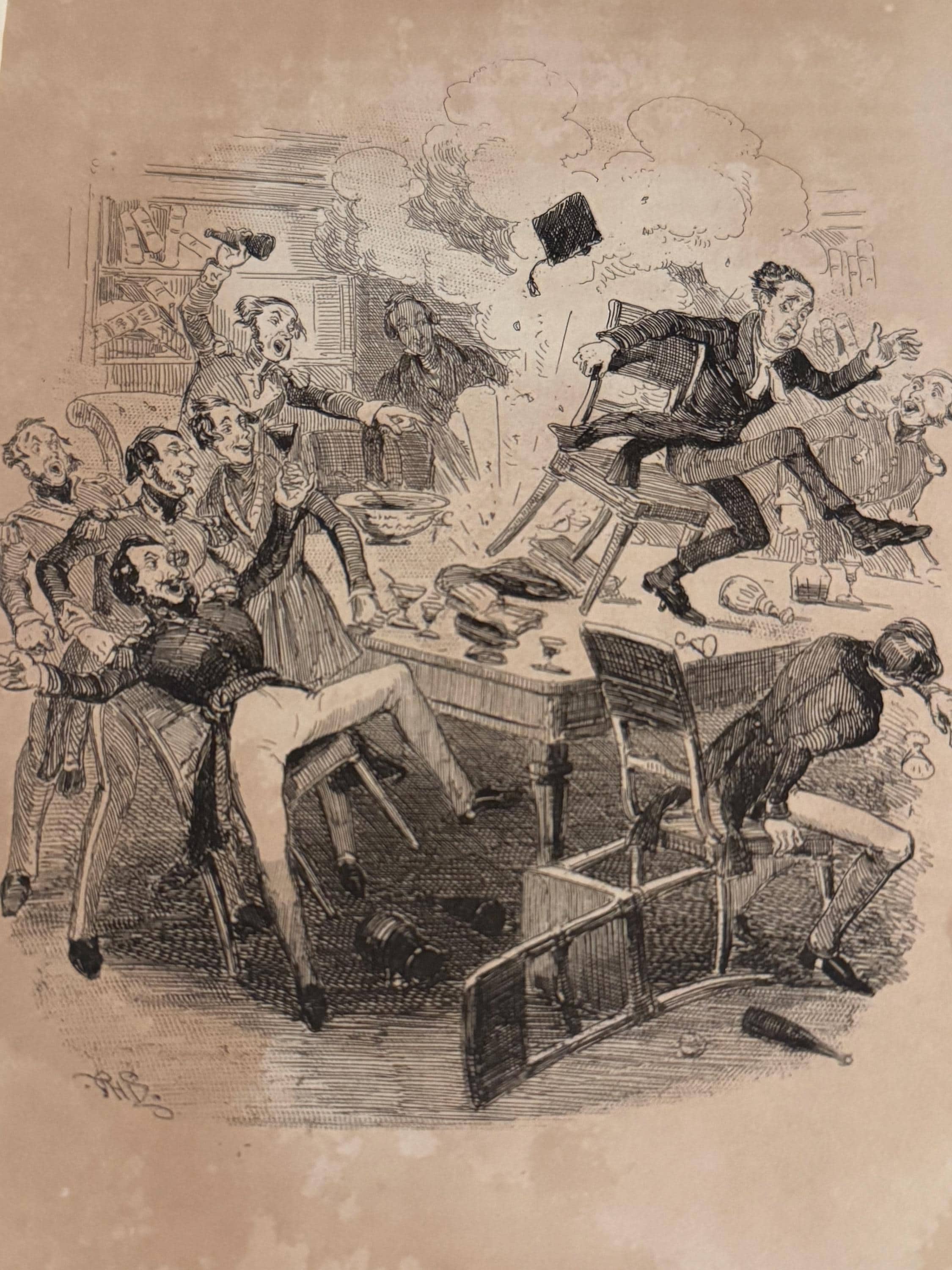 Illustration "The last night in Trinity" von Hablot Knight Browne (Phiz) zu Charles Levers Roman Charles O’Malley, The Irish Dragoon (1841)